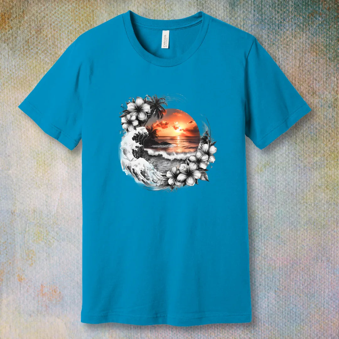 Flat lay of black and white tropical-themed t-shirt with floral and sunset illustration, soft unisex tee. Aqua