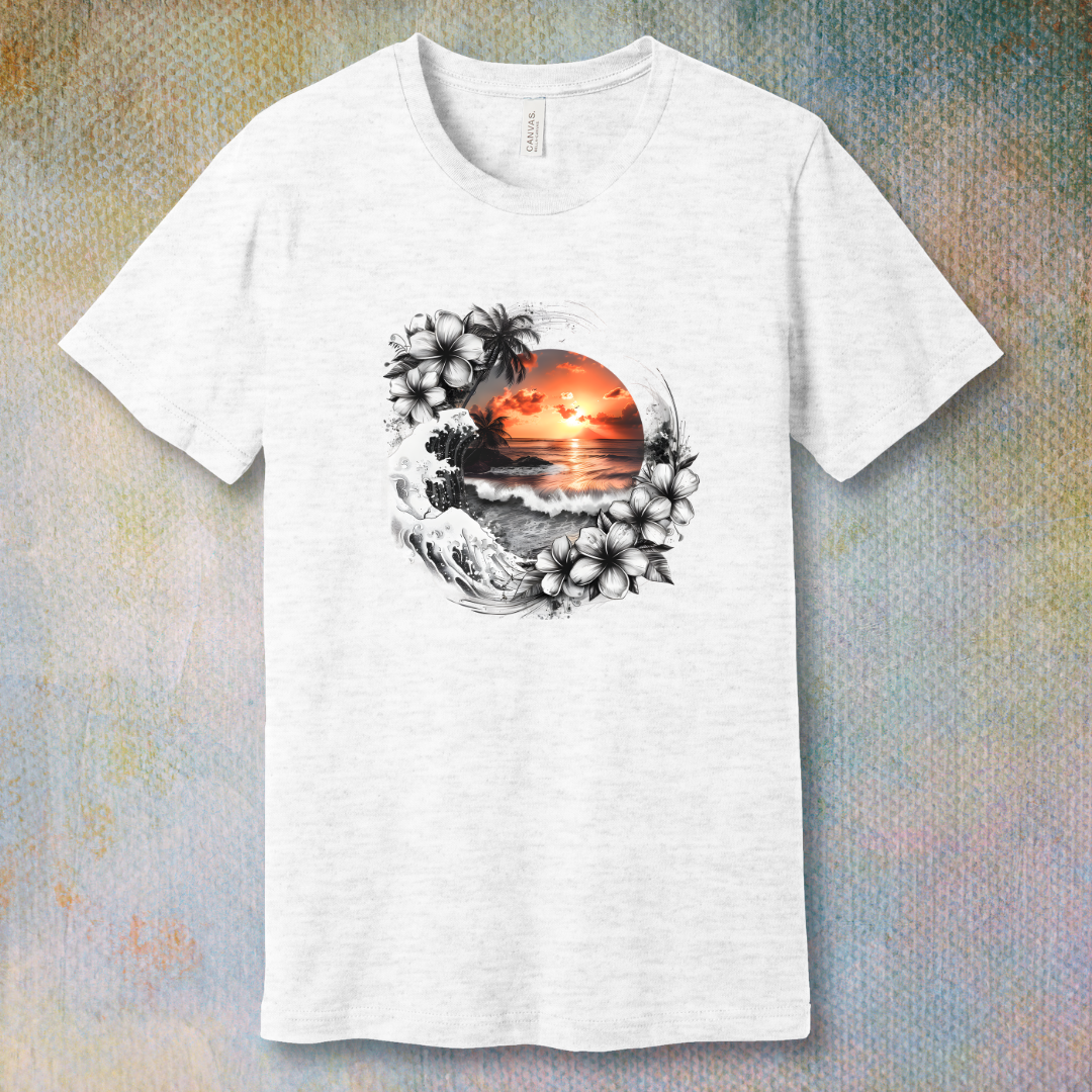 Flat lay of black and white tropical-themed t-shirt with floral and sunset illustration, soft unisex tee. Ash
