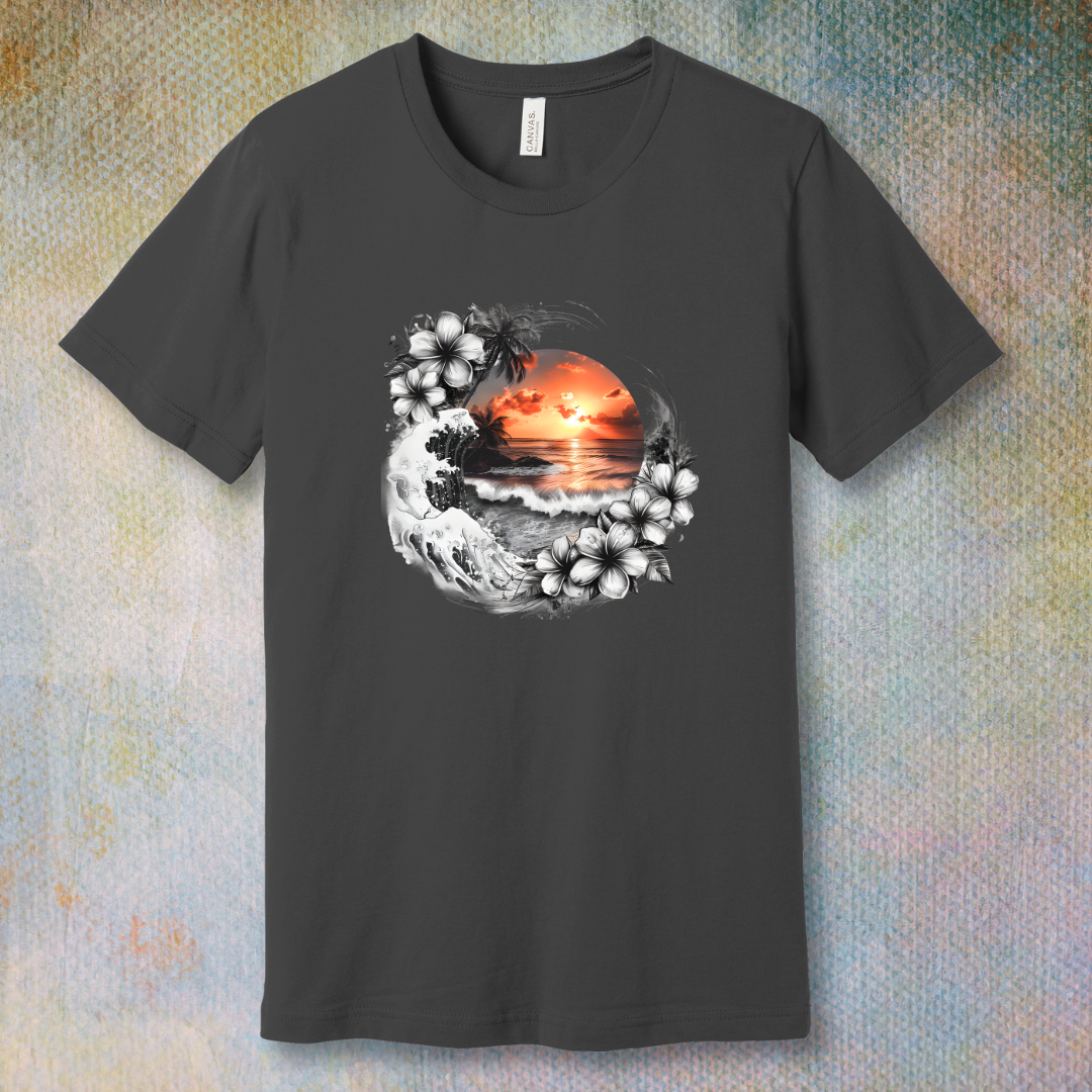 Flat lay of black and white tropical-themed t-shirt with floral and sunset illustration, soft unisex tee. Asphalt