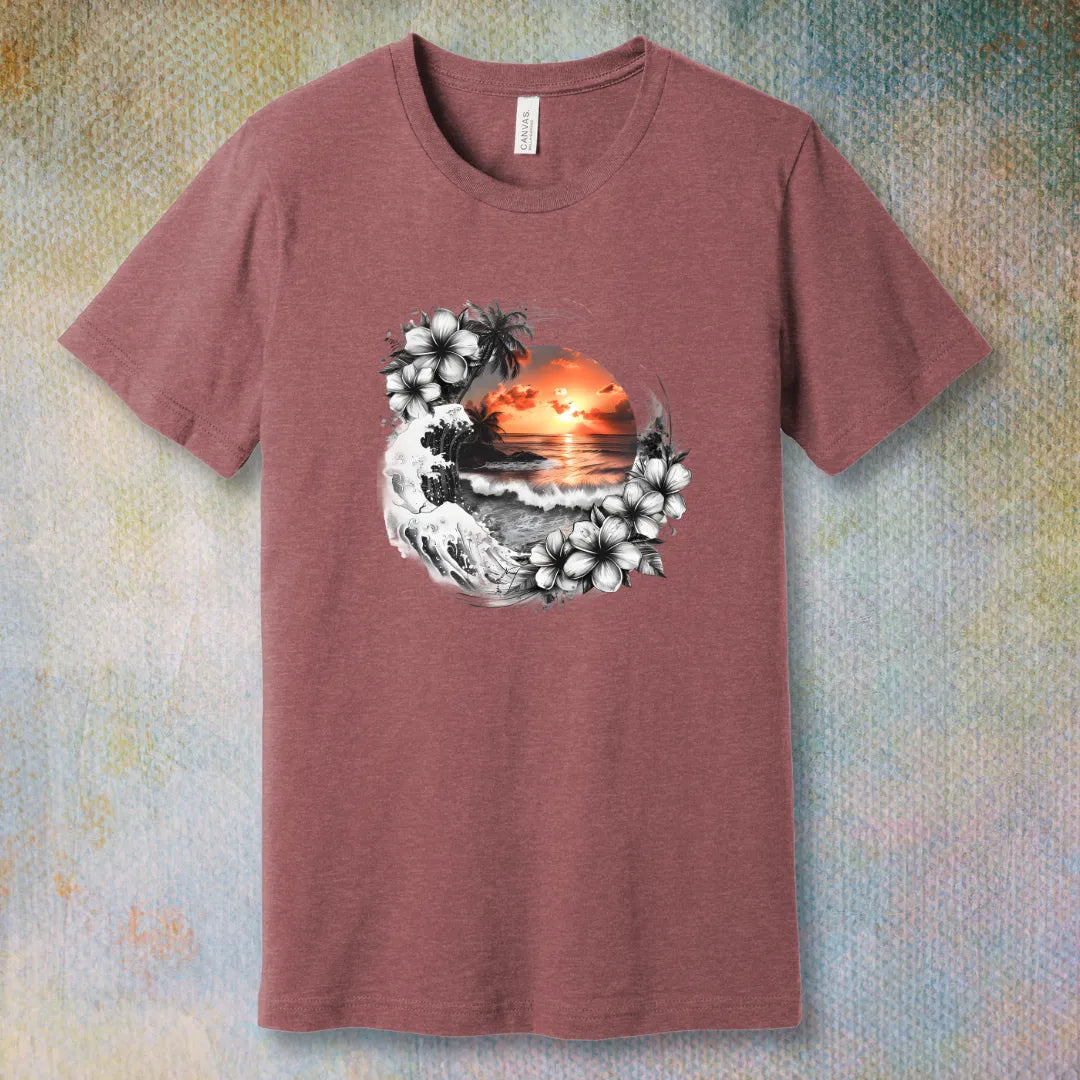 Flat lay of black and white tropical-themed t-shirt with floral and sunset illustration, soft unisex tee. Heather Mauve