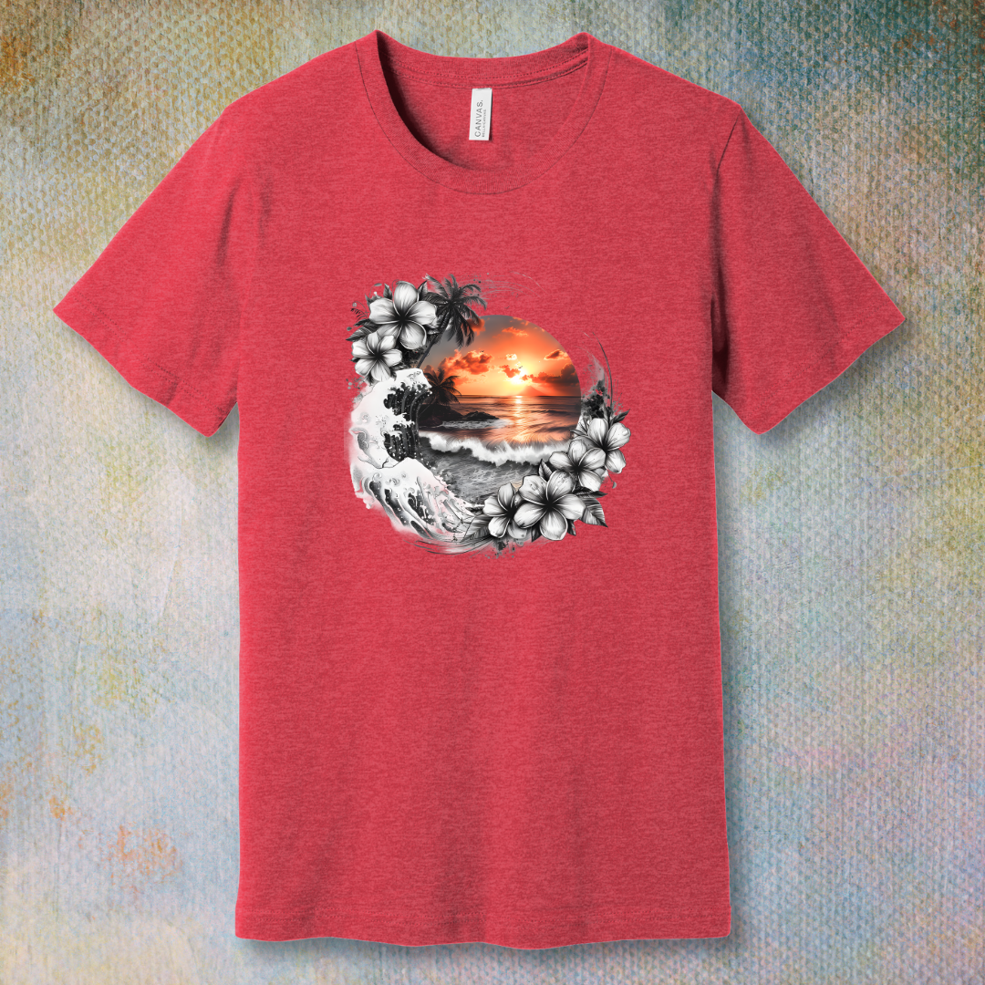 Flat lay of black and white tropical-themed t-shirt with floral and sunset illustration, soft unisex tee. Heather Red