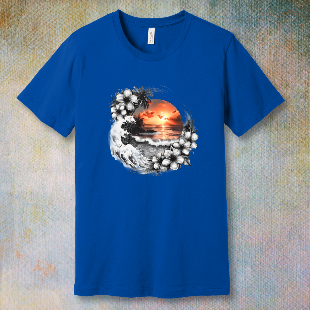 Flat lay of black and white tropical-themed t-shirt with floral and sunset illustration, soft unisex tee. True Royal