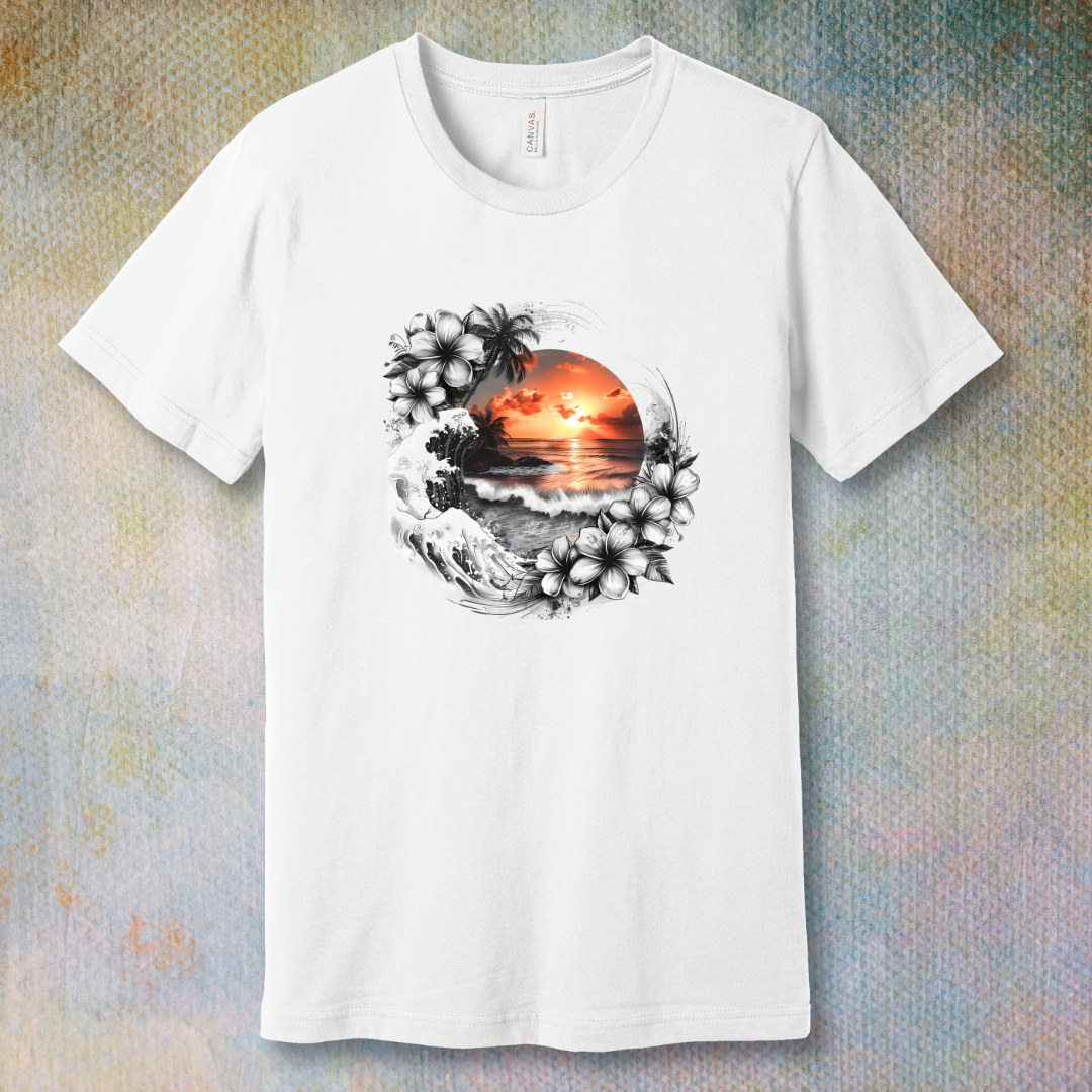 Flat lay of black and white tropical-themed t-shirt with floral and sunset illustration, soft unisex tee. White