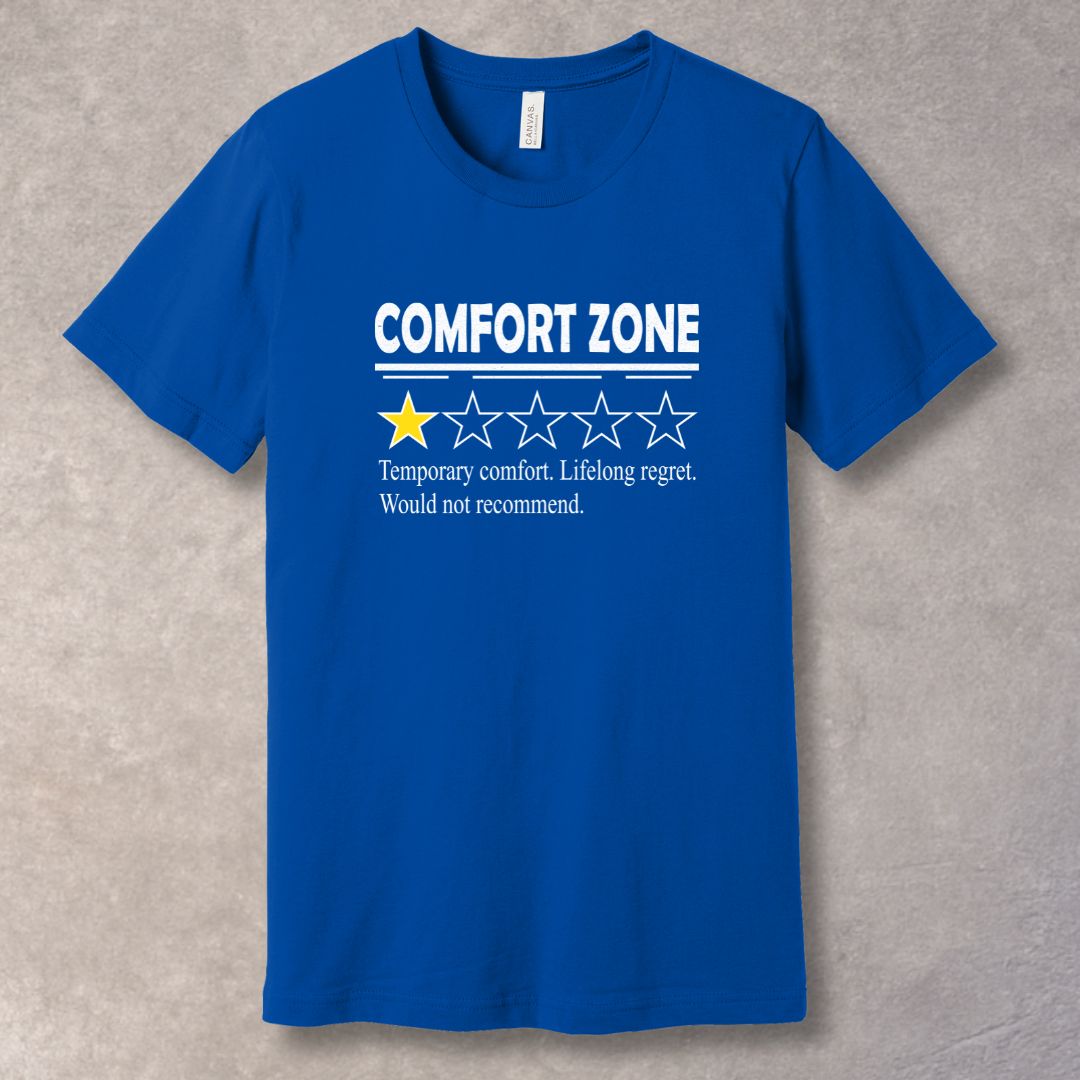 Comfort Zone motivational True Royal T-shirt – 1 star review design with the phrase ‘Temporary comfort. Lifelong regret. Would not recommend.’