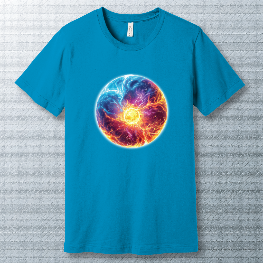 Aqua T-shirt featuring a circular cosmic energy vortex in fiery orange, purple, and electric blue tones, radiating dynamic power and motion.