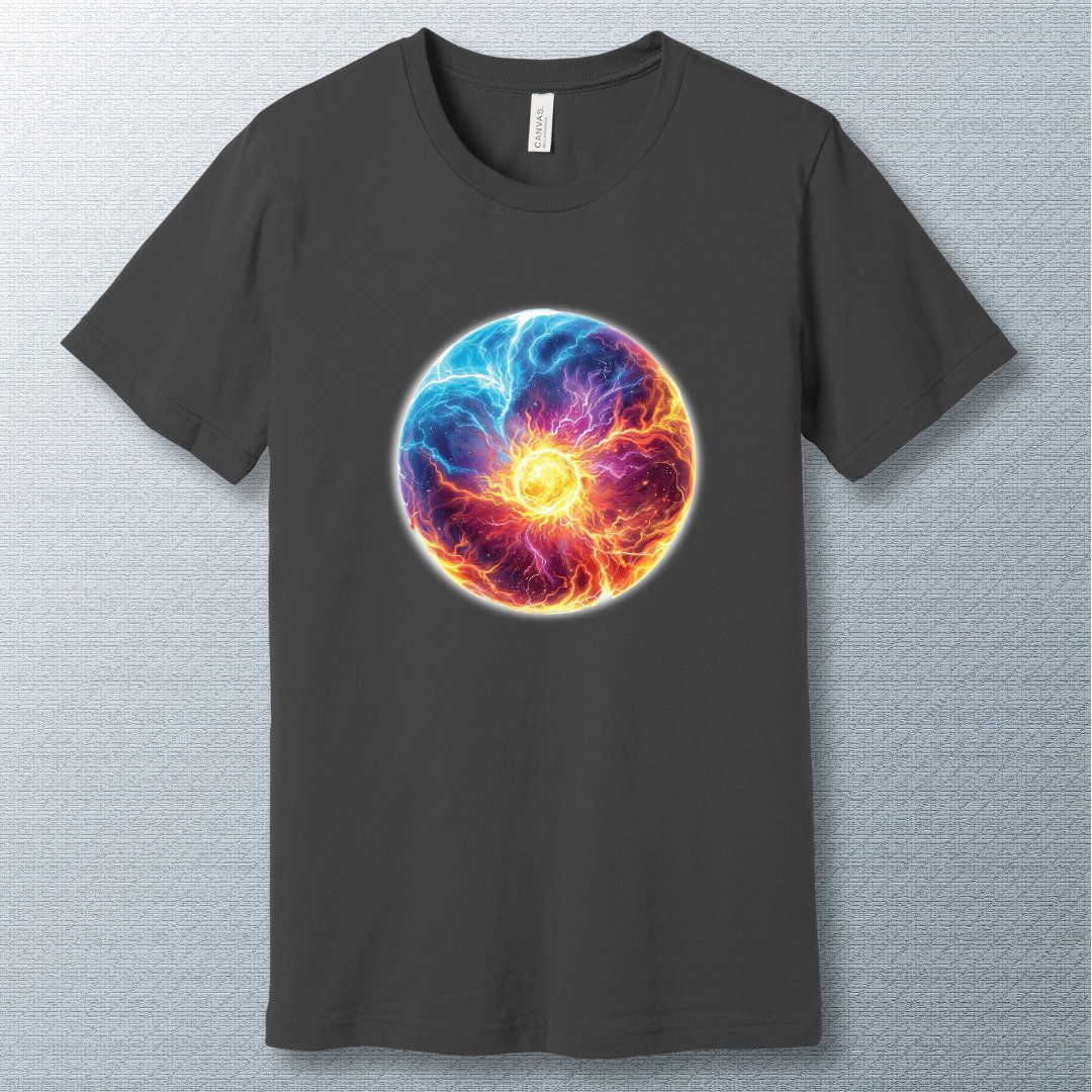 Asphalt T-shirt featuring a circular cosmic energy vortex in fiery orange, purple, and electric blue tones, radiating dynamic power and motion.
