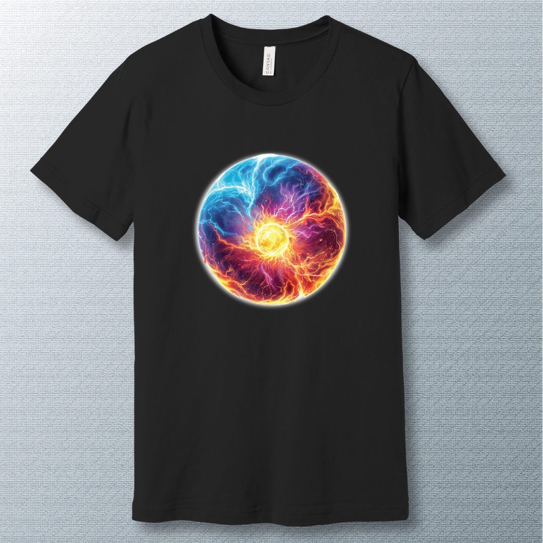 Black T-shirt featuring a circular cosmic energy vortex in fiery orange, purple, and electric blue tones, radiating dynamic power and motion.