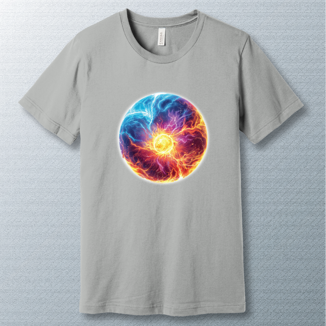 Silver T-shirt featuring a circular cosmic energy vortex in fiery orange, purple, and electric blue tones, radiating dynamic power and motion.