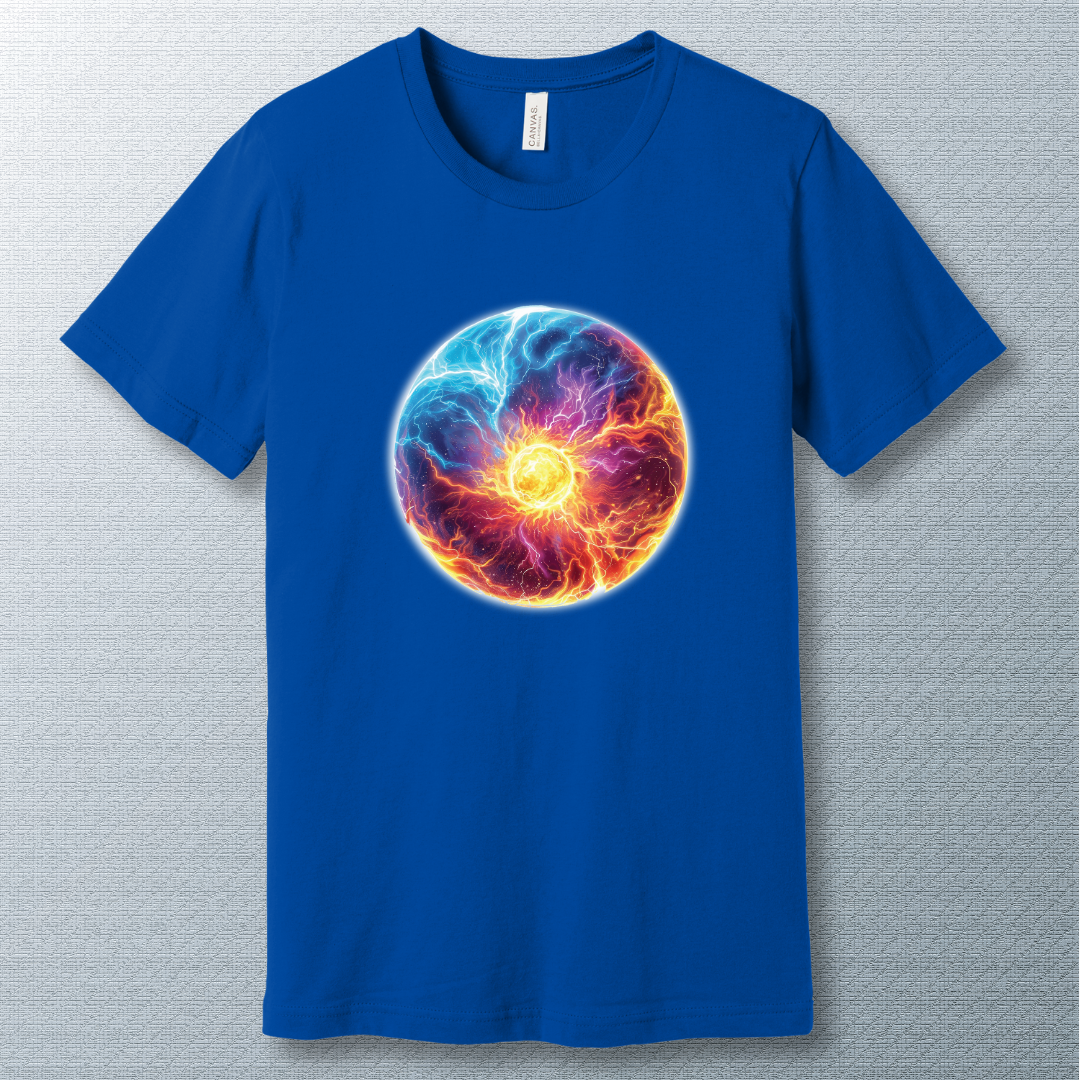 True Royal T-shirt featuring a circular cosmic energy vortex in fiery orange, purple, and electric blue tones, radiating dynamic power and motion.