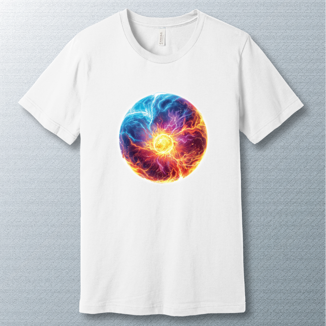 White T-shirt featuring a circular cosmic energy vortex in fiery orange, purple, and electric blue tones, radiating dynamic power and motion.