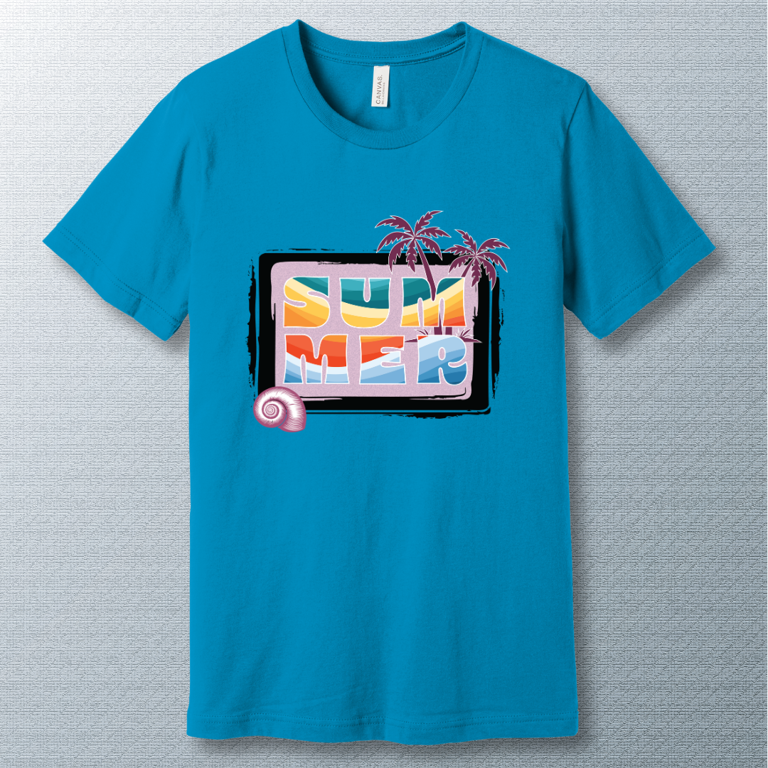 Colorful summer T-shirt design with retro rainbow letters, palm trees, and seashell detail on a textured background.