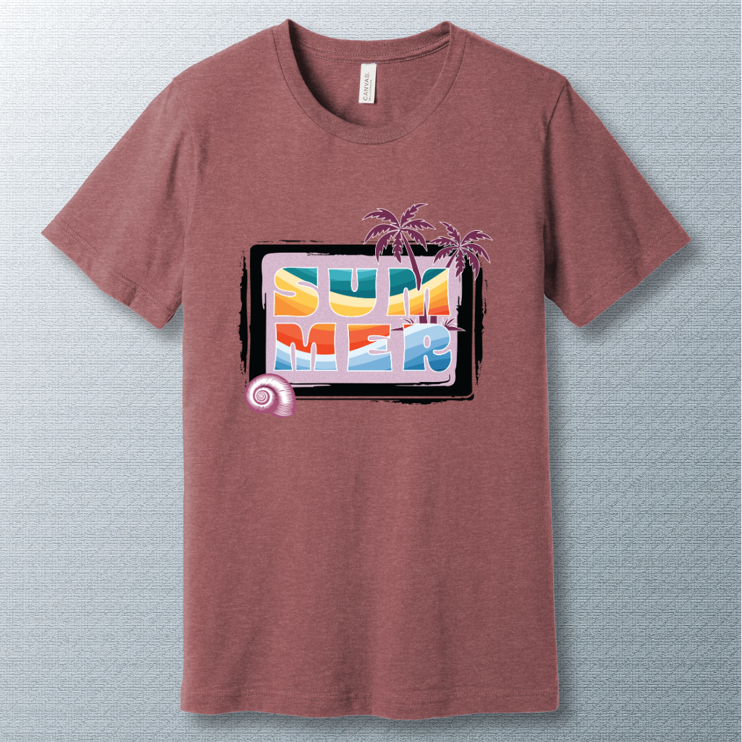 Colorful summer T-shirt design with retro rainbow letters, palm trees, and seashell detail on a textured background.