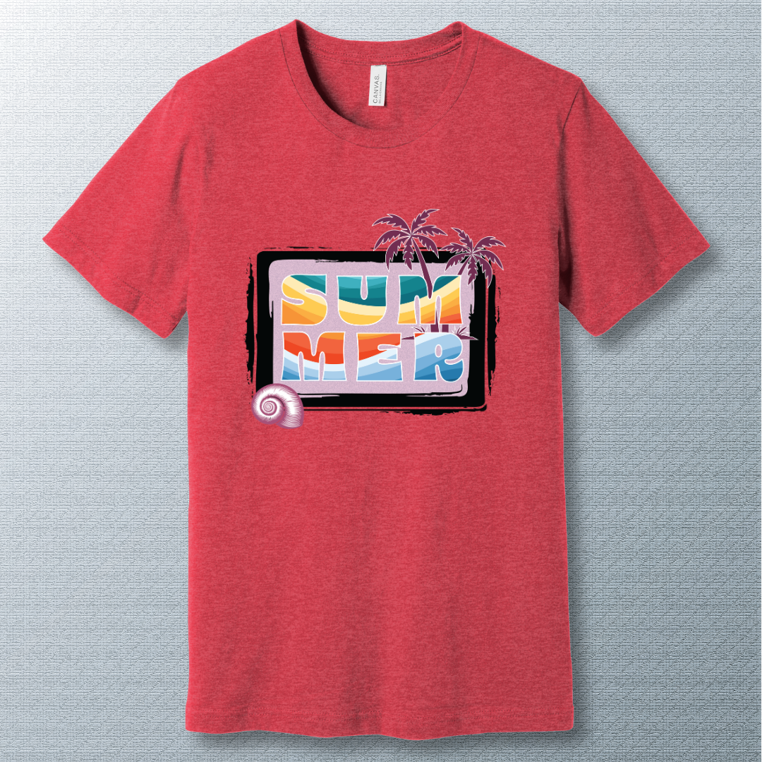 Colorful summer T-shirt design with retro rainbow letters, palm trees, and seashell detail on a textured background.