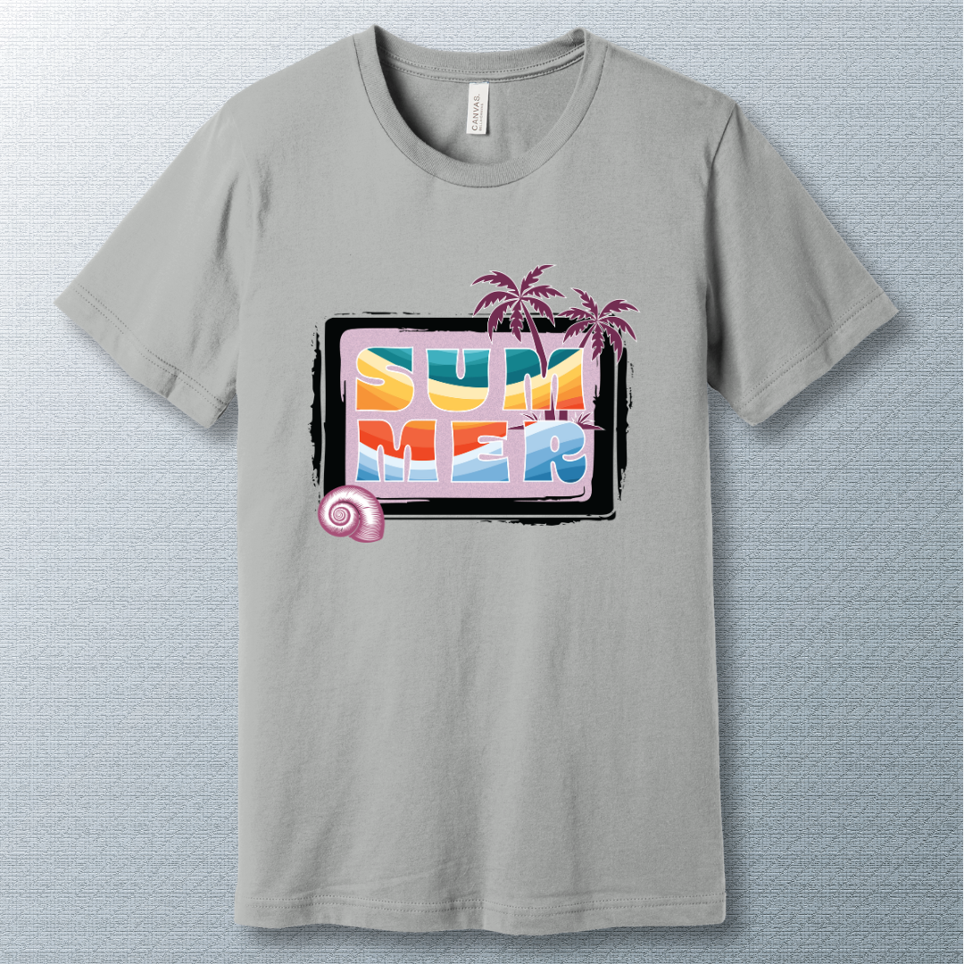 Colorful summer T-shirt design with retro rainbow letters, palm trees, and seashell detail on a textured background.