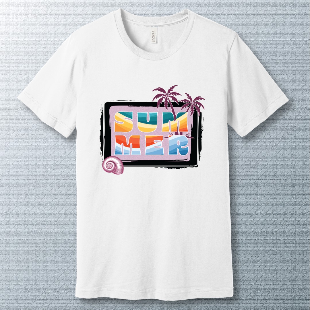 Colorful summer T-shirt design with retro rainbow letters, palm trees, and seashell detail on a textured background.