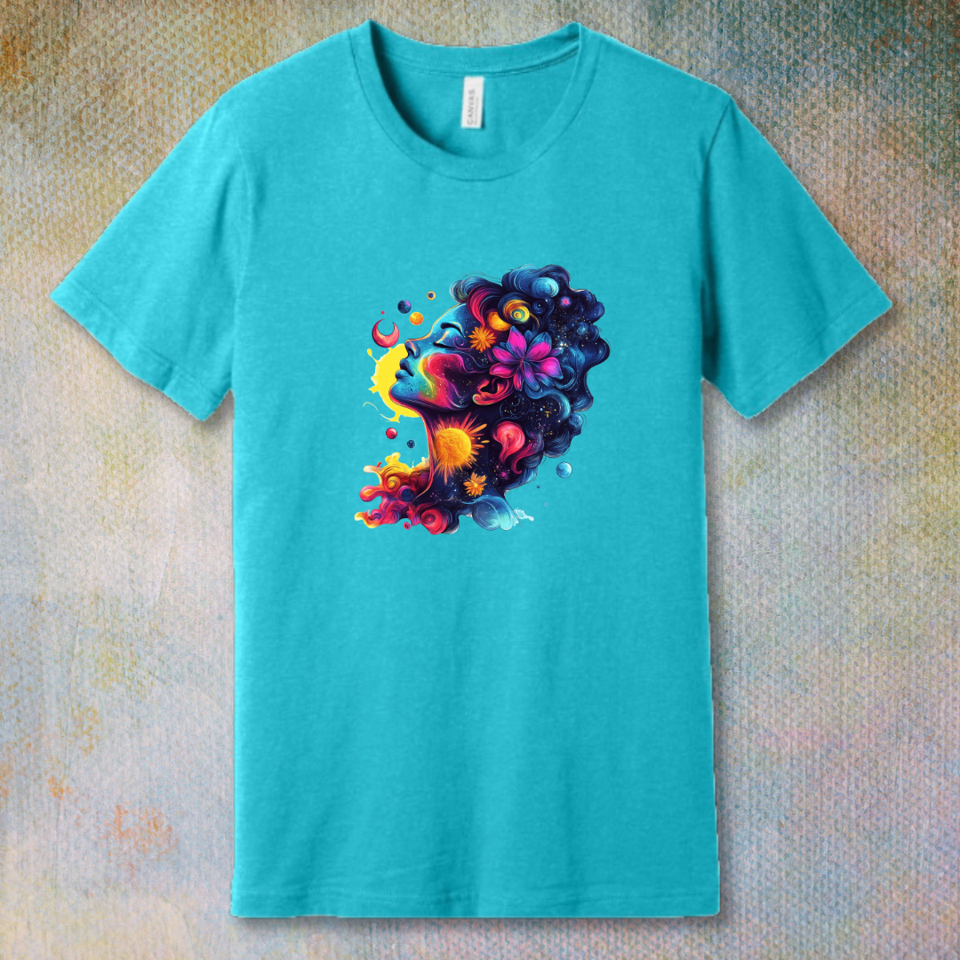 Colorful cosmic art T-shirt of a woman's face blending with stars, planets, and swirling energy—representing dreams, imagination, and universal beauty.