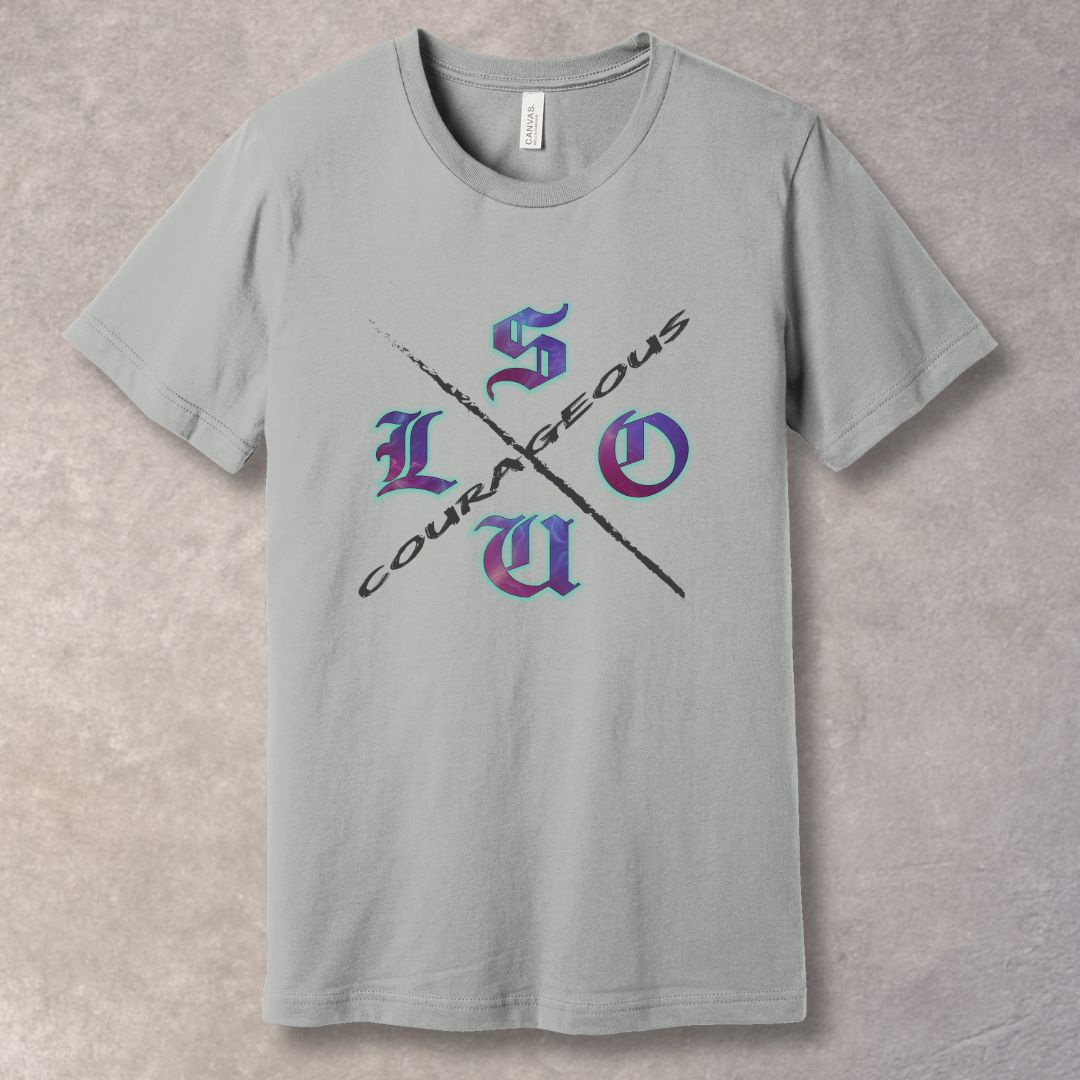 Courageous Soul graphic T-shirt with cosmic texture letters and diagonal COURAGEOUS slash - Silver.