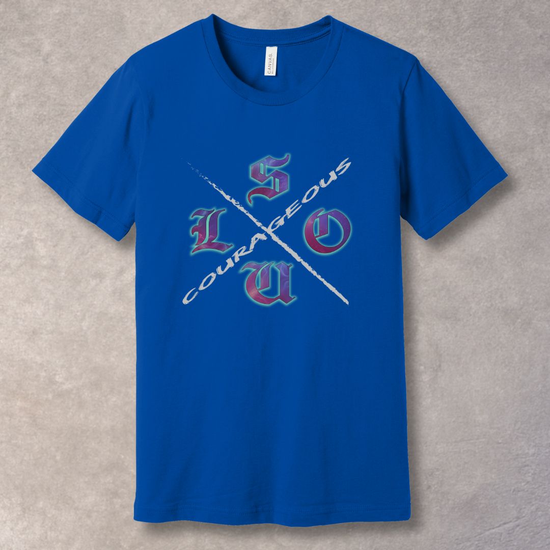 Courageous Soul graphic T-shirt with cosmic texture letters and diagonal COURAGEOUS slash - True Royal.