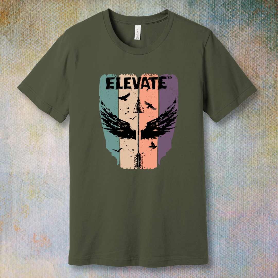 Army t-shirt with artistic design with an arrow with wings pointing up and the word "Elevate" in bold, symbolizing growth, positivity, and inner power