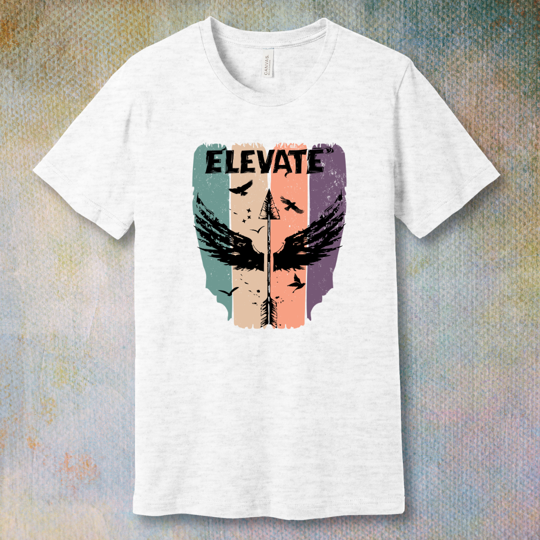 Ash t-shirt with artistic design with an arrow with wings pointing up and the word "Elevate" in bold, symbolizing growth, positivity, and inner power