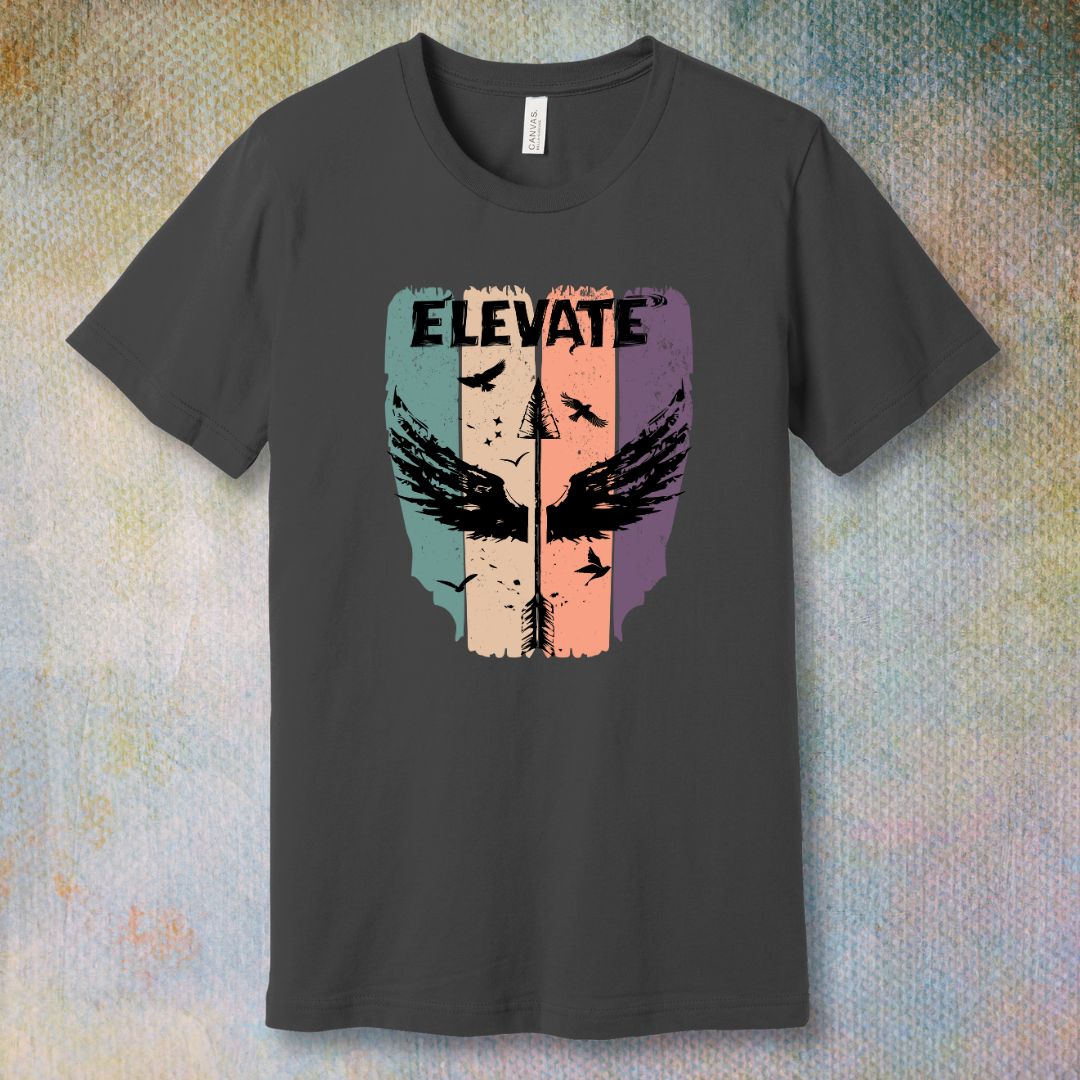 Asphalt t-shirt with artistic design with an arrow with wings pointing up and the word "Elevate" in bold, symbolizing growth, positivity, and inner power