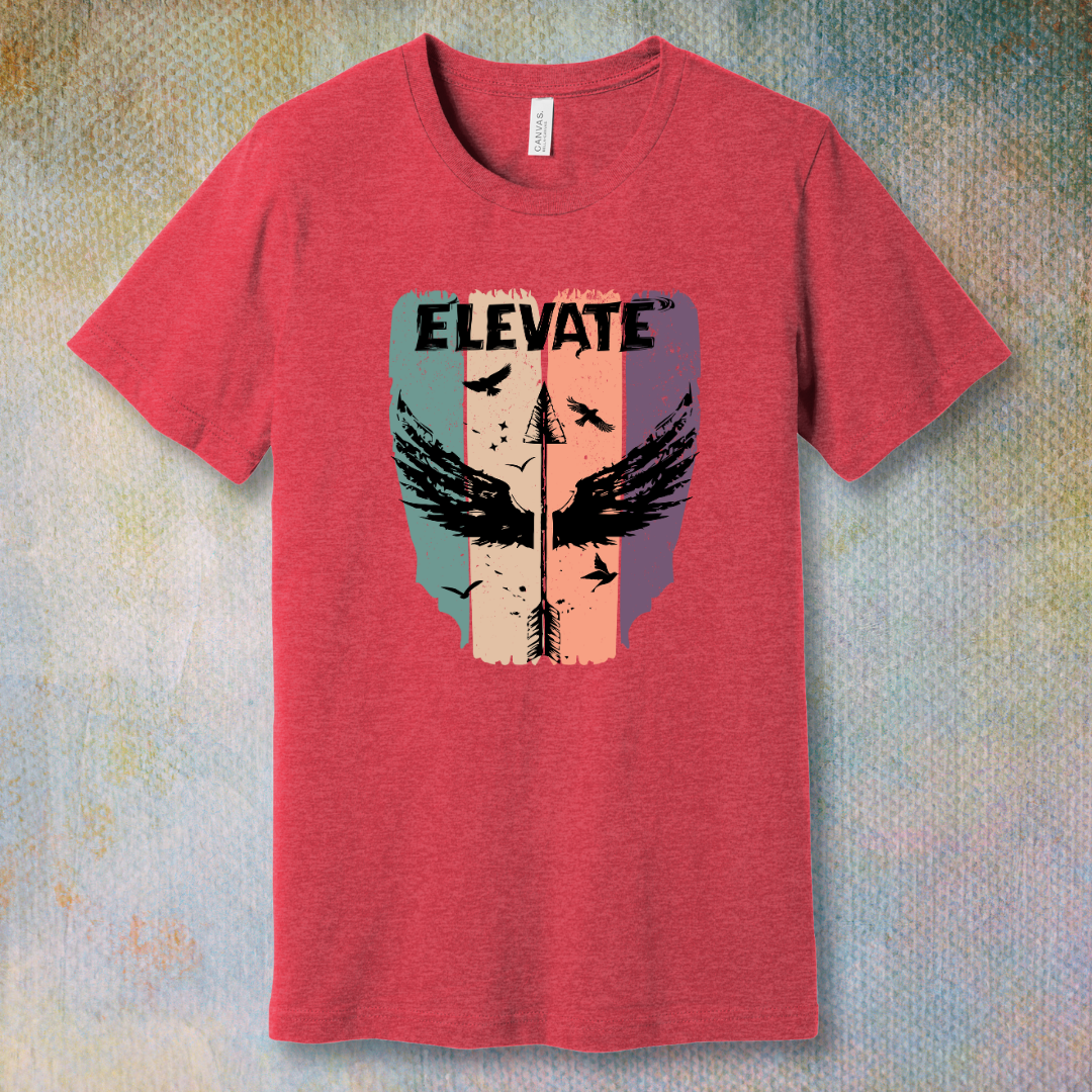 Heather Red t-shirt with artistic design with an arrow with wings pointing up and the word "Elevate" in bold, symbolizing growth, positivity, and inner power