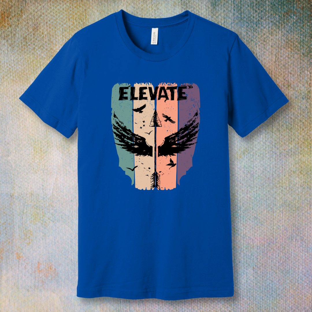 True Royal t-shirt with artistic design with an arrow with wings pointing up and the word "Elevate" in bold, symbolizing growth, positivity, and inner power