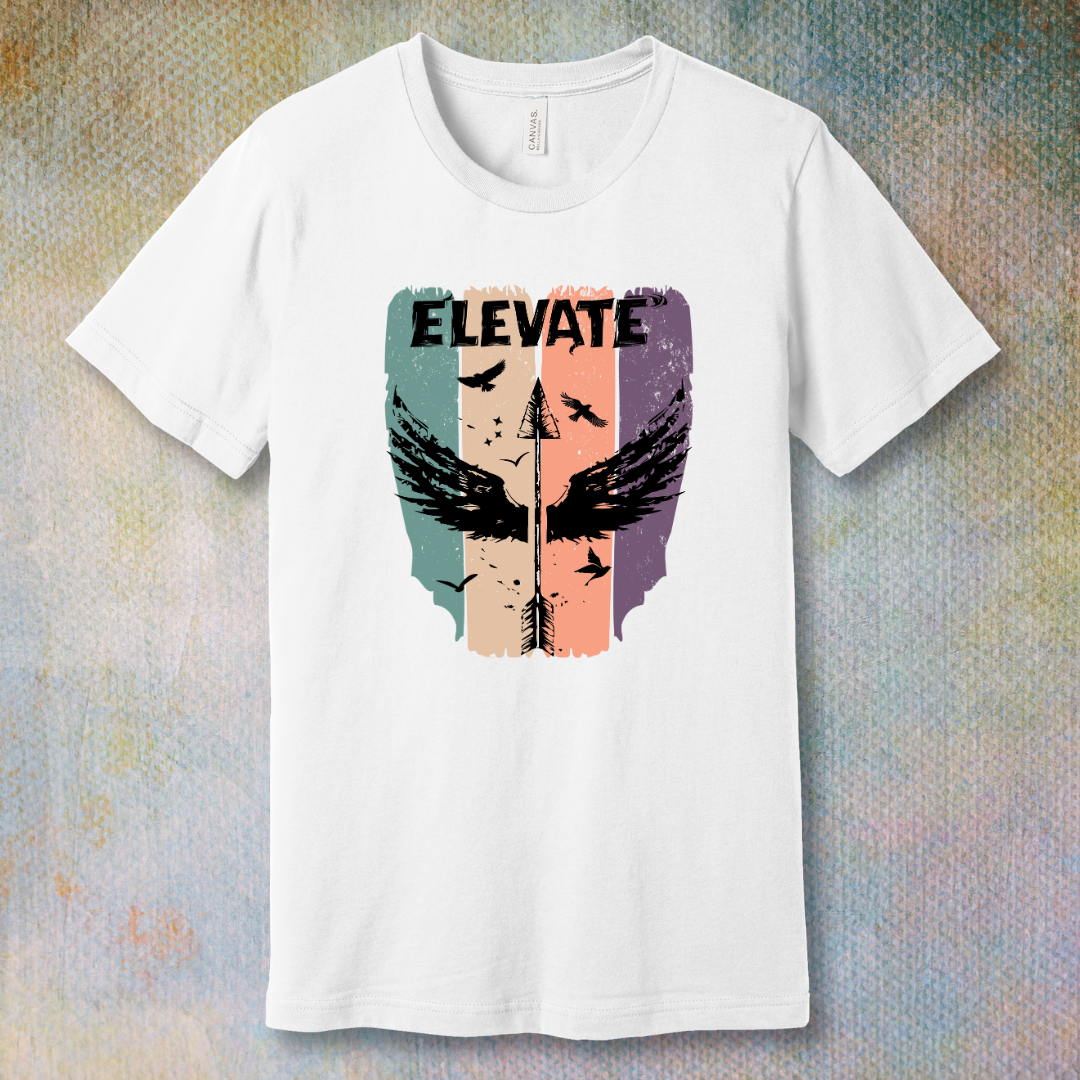 White t-shirt with artistic design with an arrow with wings pointing up and the word "Elevate" in bold, symbolizing growth, positivity, and inner power