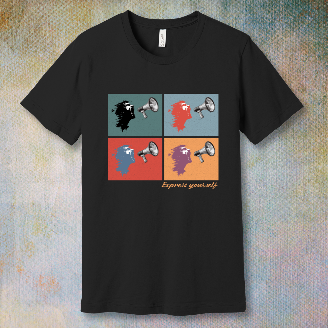 Pop art T-shirt design featuring a face shouting into a megaphone in four bold colors, with the phrase “Express Yourself” at the bottom