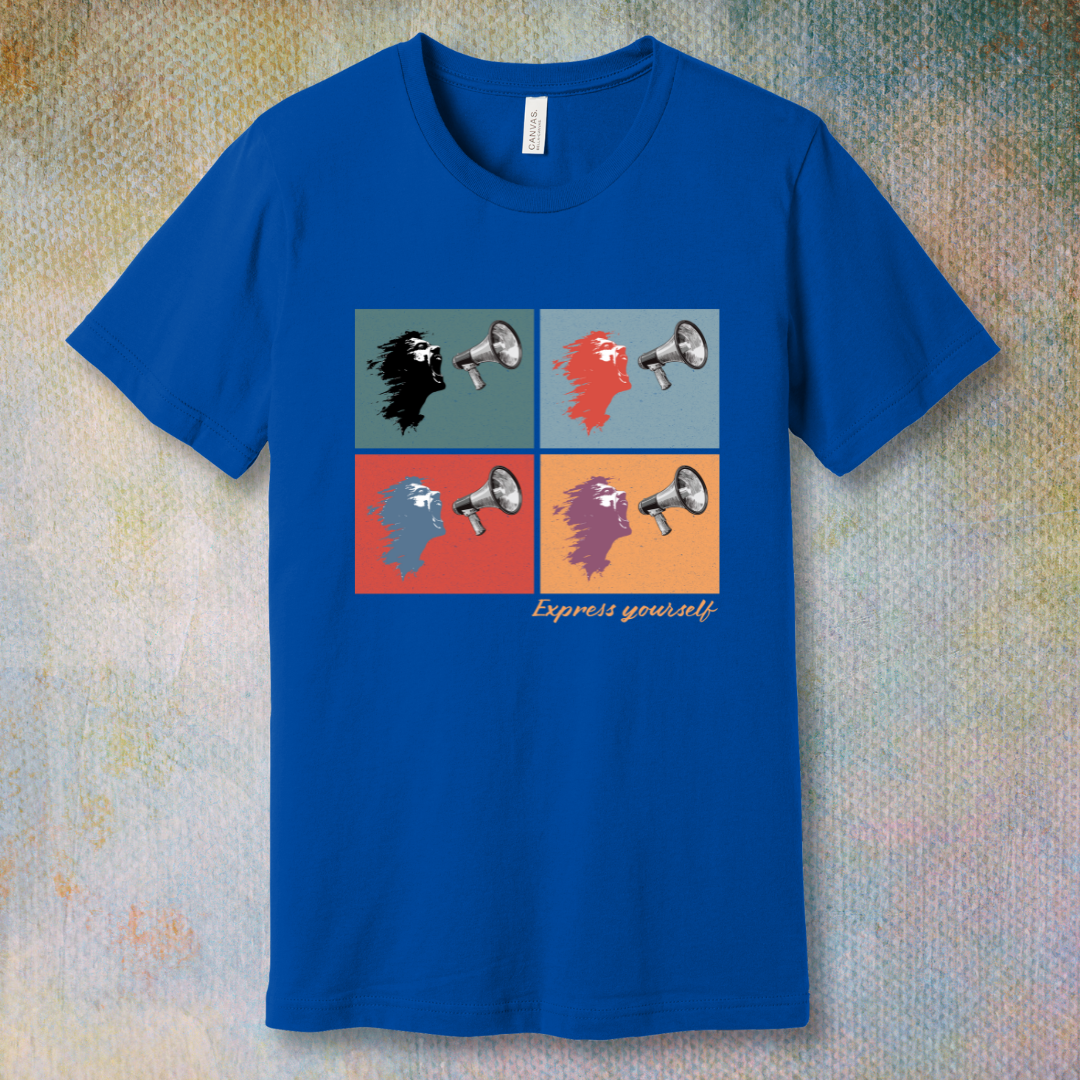 Pop art T-shirt design featuring a face shouting into a megaphone in four bold colors, with the phrase “Express Yourself” at the bottom