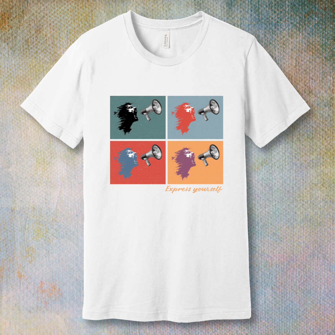 Pop art T-shirt design featuring a face shouting into a megaphone in four bold colors, with the phrase “Express Yourself” at the bottom