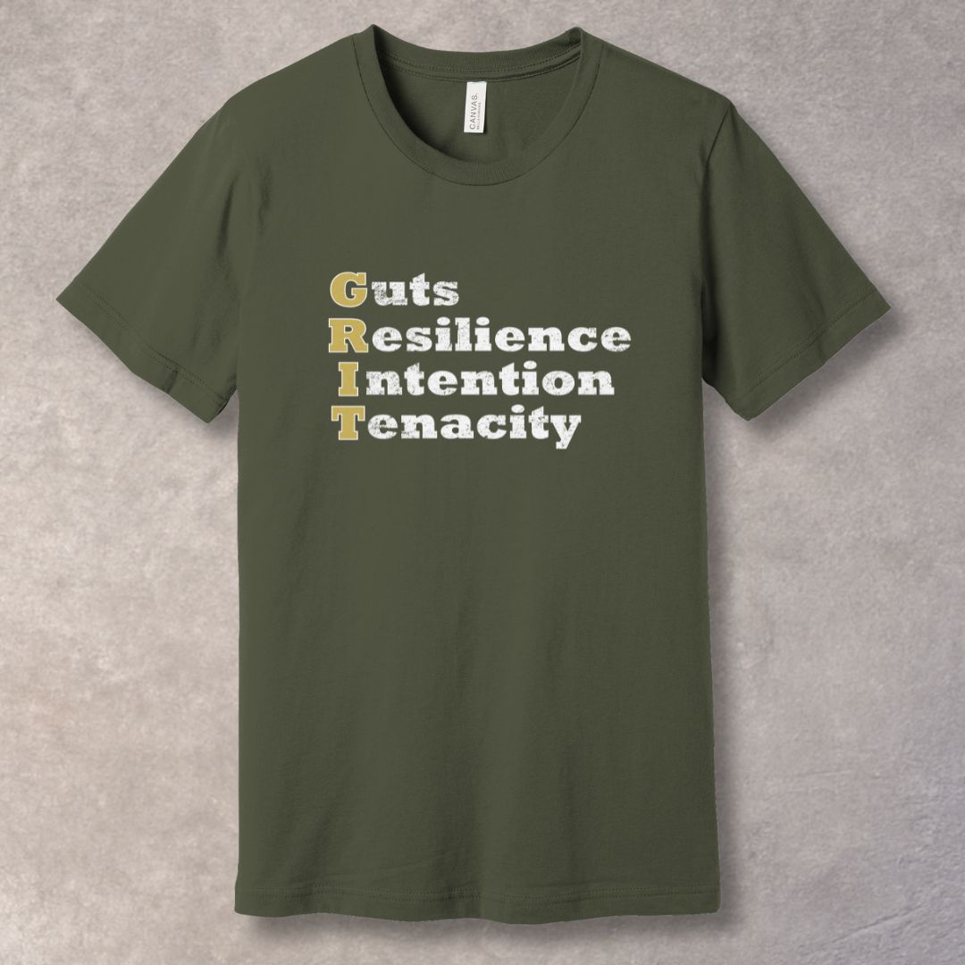 GRIT motivational Army T-shirt featuring the words Guts, Resilience, Intention, Tenacity in bold distressed typography