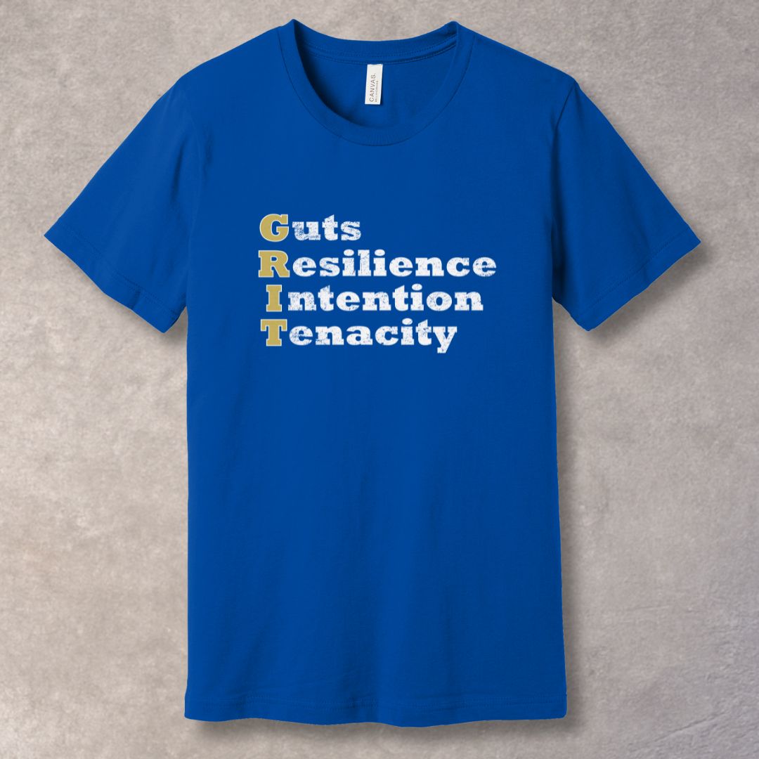 GRIT motivational Blue T-shirt featuring the words Guts, Resilience, Intention, Tenacity in bold distressed typography