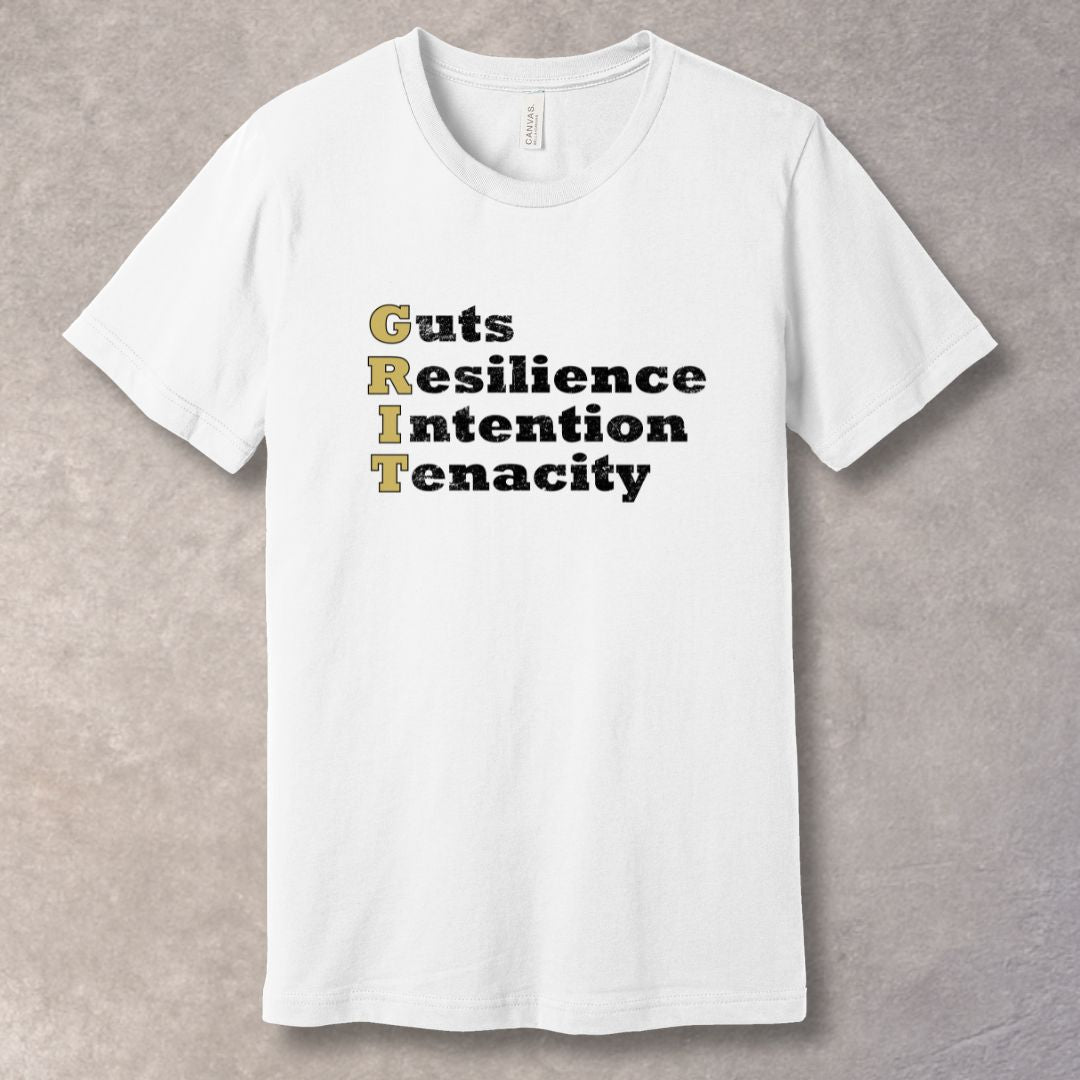 GRIT motivational White T-shirt featuring the words Guts, Resilience, Intention, Tenacity in bold distressed typography