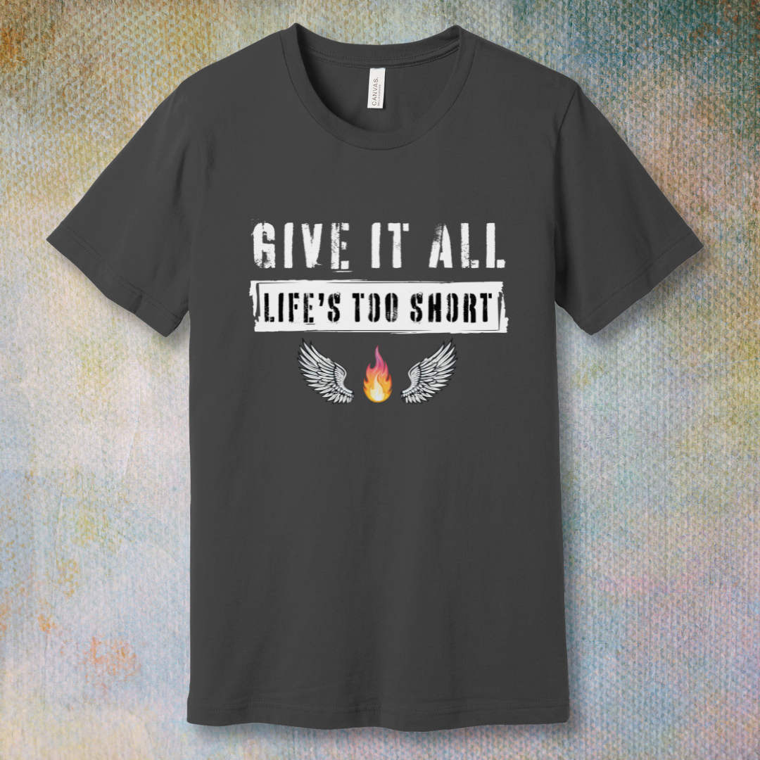 Grunge-style “Give it all” T-shirt design with bold text, flaming fire, and angel wings.