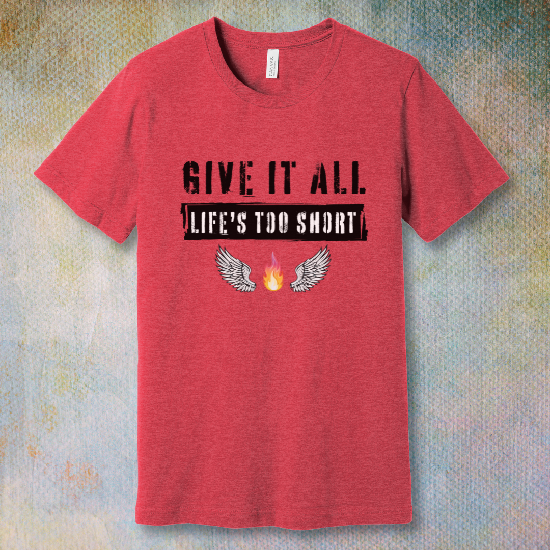 Grunge-style “Give it all” T-shirt design with bold text, flaming fire, and angel wings.