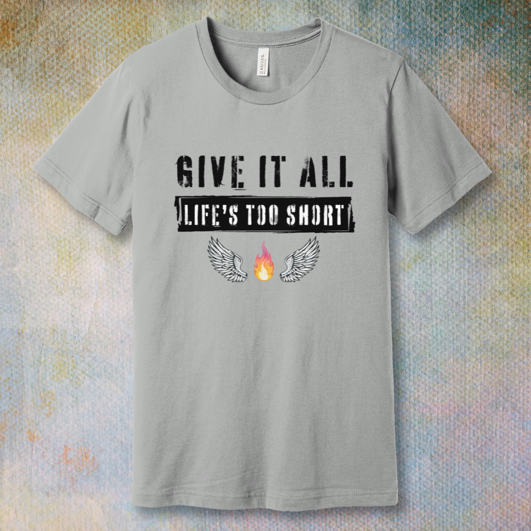 Grunge-style “Give it all” T-shirt design with bold text, flaming fire, and angel wings.
