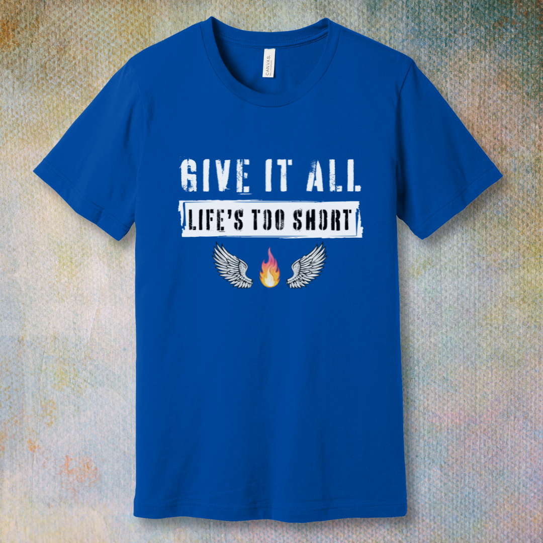 Grunge-style “Give it all” T-shirt design with bold text, flaming fire, and angel wings.