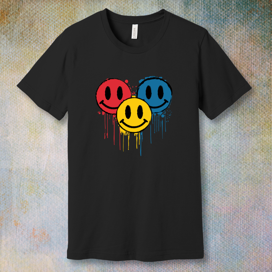 Drip Smile t-shirt — red, yellow, and blue smiley faces dripping paint on black tee