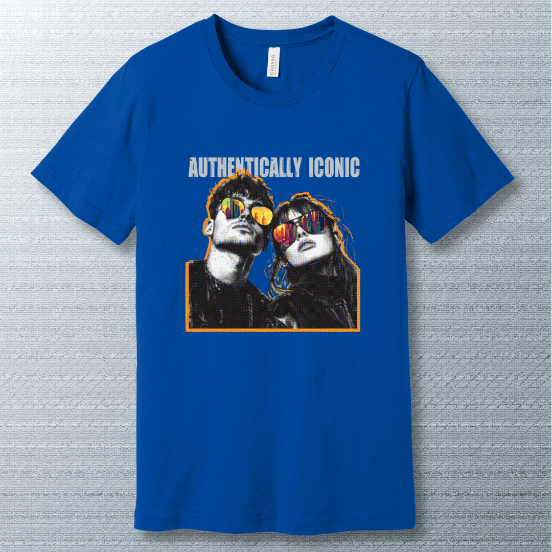 Pop art style design of a confident man and woman wearing sunglasses with colorful city reflections, under the bold text "AUTHENTICALLY ICONIC" – T-shirt.