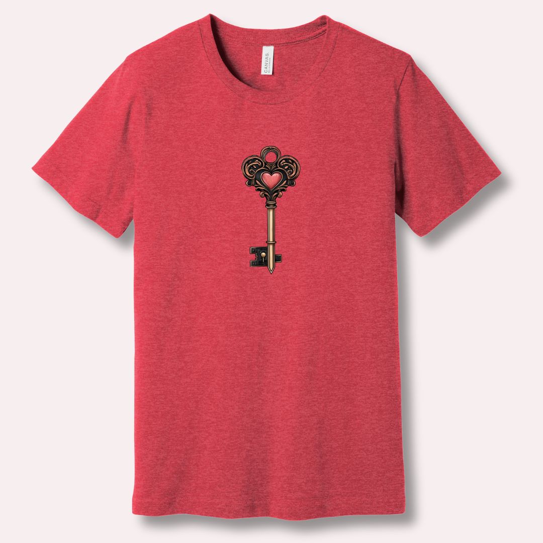 Heather Red T-shirt with heart key graphic symbolizing trust and chosen love – Valentine’s Day design