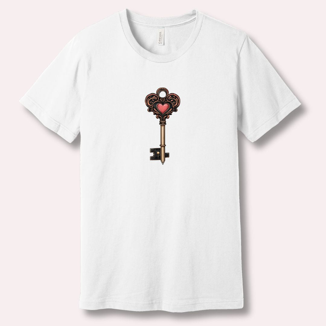 White T-shirt with heart key graphic symbolizing trust and chosen love – Valentine’s Day design