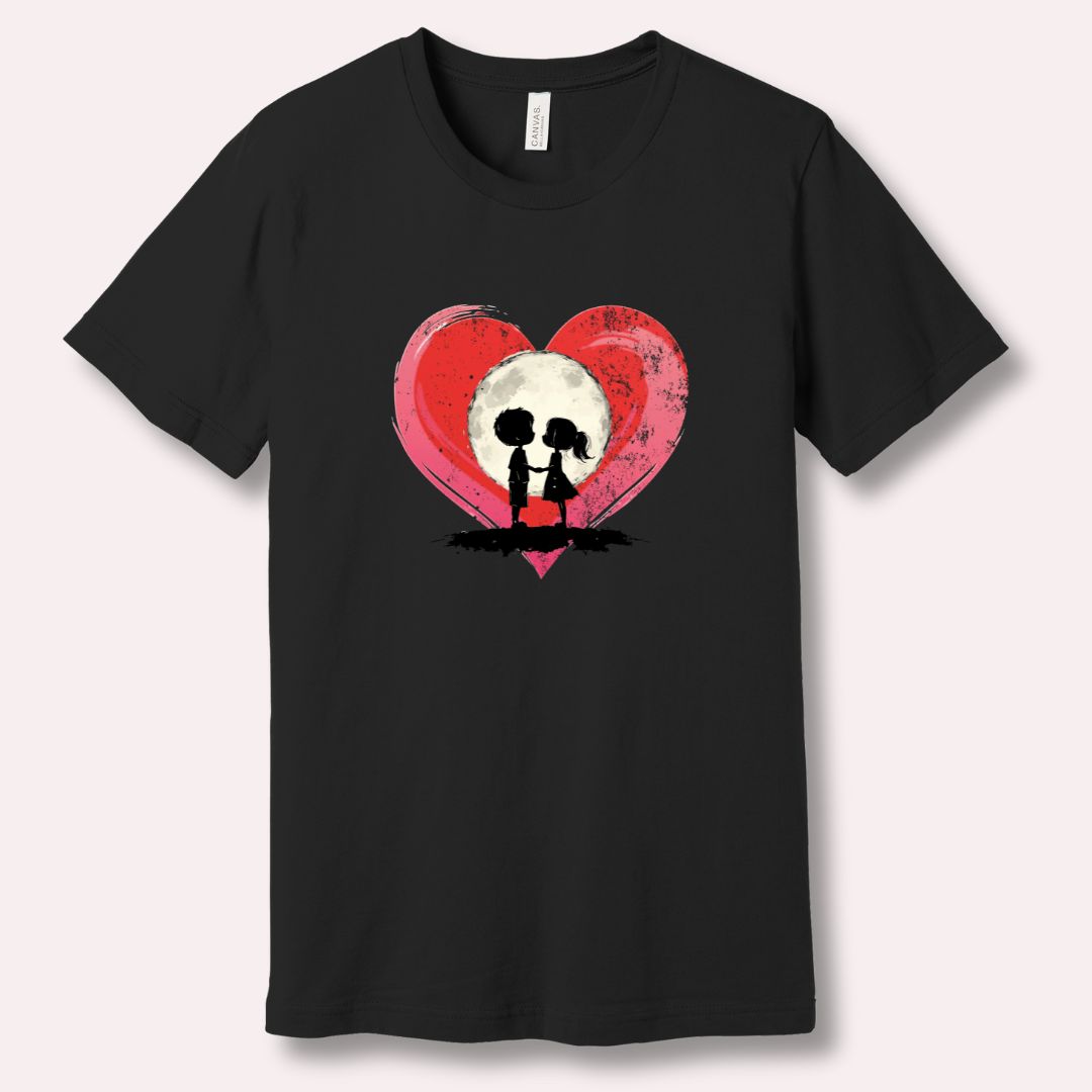 Moonlit Love Valentine’s Day couples Black T-shirt featuring heart and moon artwork symbolizing connection and intimacy