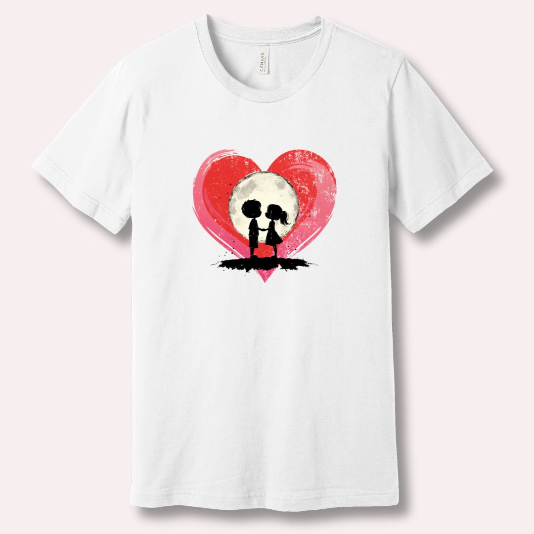 Moonlit Love Valentine’s Day couples White T-shirt featuring heart and moon artwork symbolizing connection and intimacy