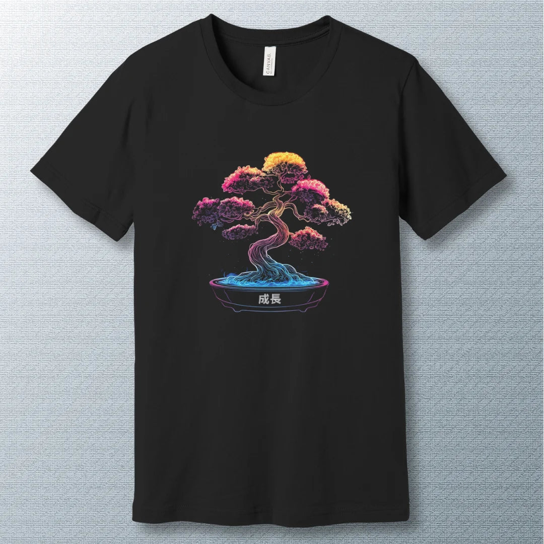 Black Neon Bonsai T-Shirt with a glowing bonsai tree design, symbolizing balance, growth, and vibrant energy in a modern artistic style.