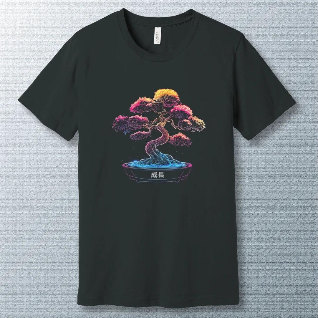 Dark Grey Neon Bonsai T-Shirt with a glowing bonsai tree design, symbolizing balance, growth, and vibrant energy in a modern artistic style.