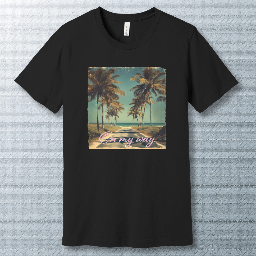 Tropical beach road lined with palm trees under a clear sky, with the phrase "On my way" in pink cursive script — vintage postcard-style design.