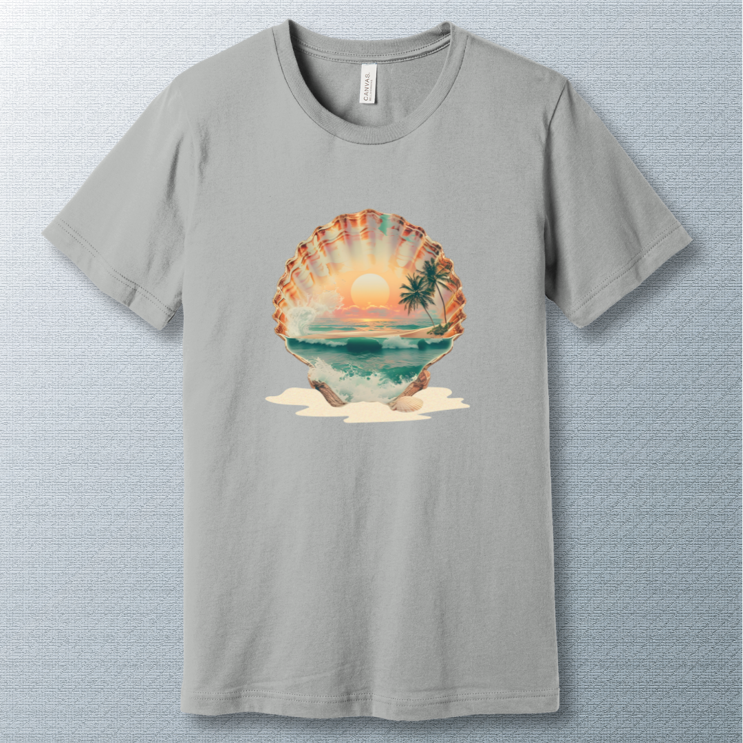 Artistic seashell with a tropical beach scene inside, featuring ocean waves, palm trees, and a vibrant sunset – dreamy summer aesthetic illustration. Silver T-shirt.