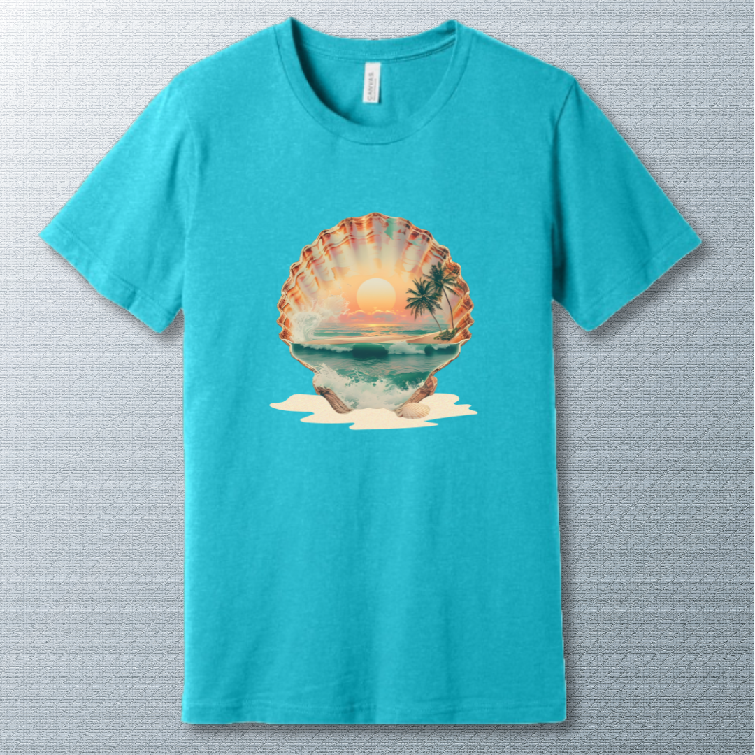 Artistic seashell with a tropical beach scene inside, featuring ocean waves, palm trees, and a vibrant sunset – dreamy summer aesthetic illustration. Turquoise T-shirt.