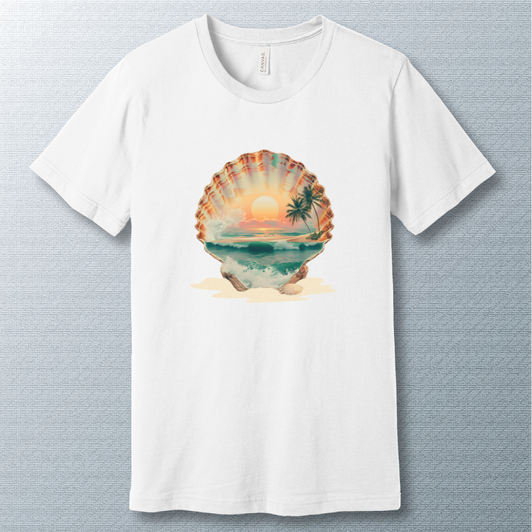 Artistic seashell with a tropical beach scene inside, featuring ocean waves, palm trees, and a vibrant sunset – dreamy summer aesthetic illustration. White T-shirt.